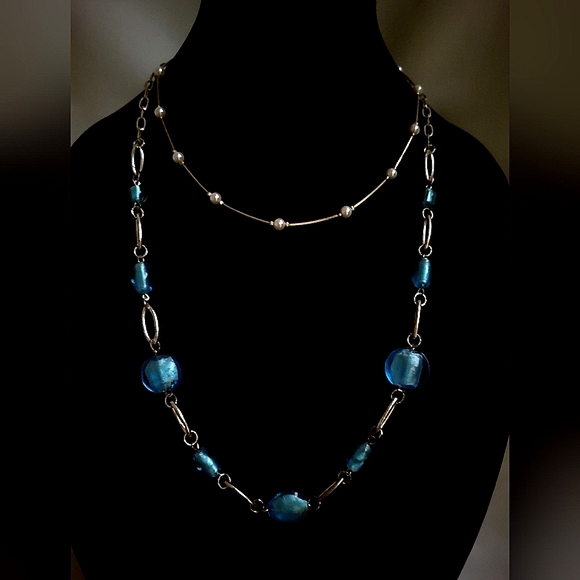 SALE ! Necklaces Blue Polished Glass & Silver necklace & Gold & White necklace 2 - Picture 5 of 9